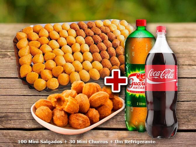 🛎️ 100 Salgadinhos + 30 Mini Churros + Refri